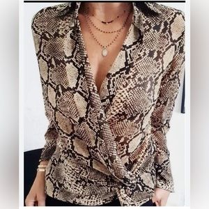 Zara Sheer Snake Print Blouse Long Sleeve Runched Black and Tan Sz S